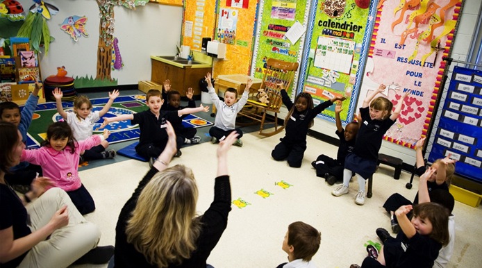 students sitting in a circle with both handles up, way up